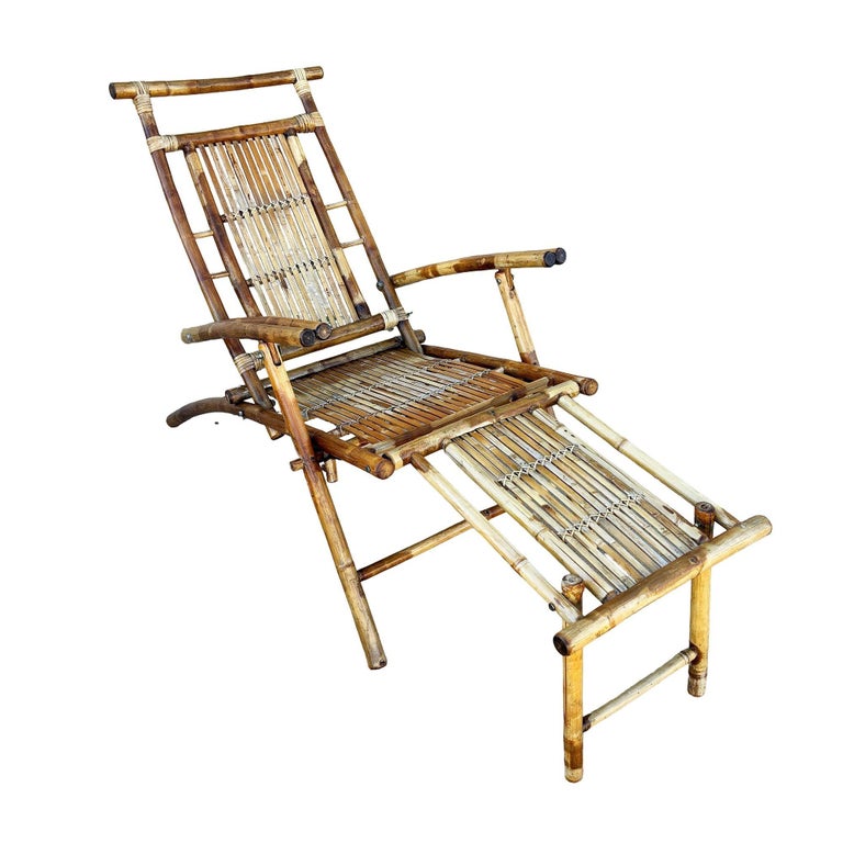 Restored Aesthetic Movement Tiger Bamboo Garden/Patio Fold Lounge Recliner, Pair