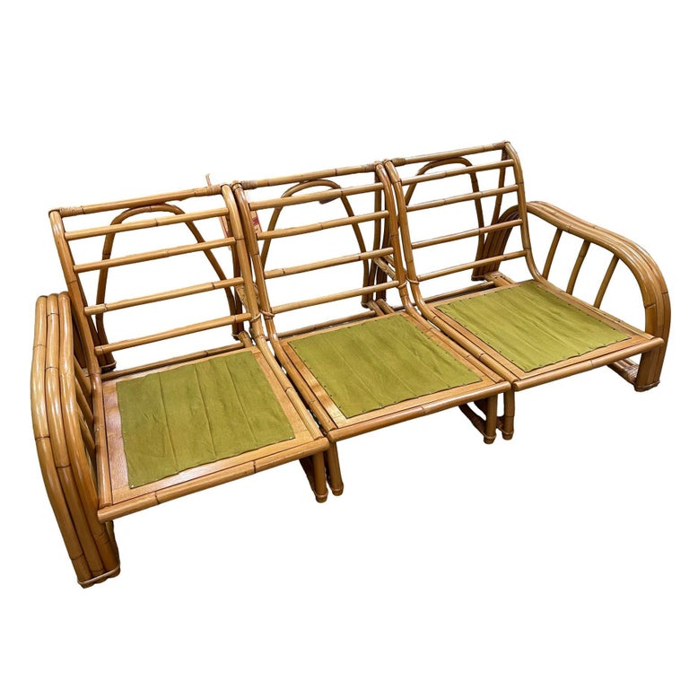 Restored 3-Strand 3 Seat Rattan Sectional Sofa by Paul Laszlo for Ficks Reed