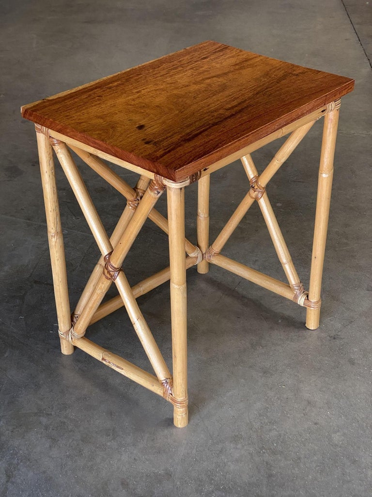Restored Set of 3 Rattan Nesting X Side Tables with Mahogany Top