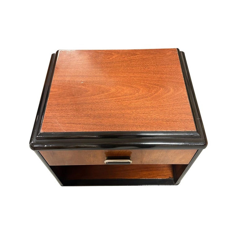 Pair of Two Toned Art Deco Cherry Wood & Lacquer Bedside Tables w/ Stepped Top