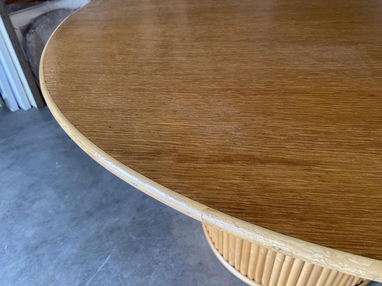 Restored Round Stacked Rattan Pedestal Dining Table Mahogany Top
