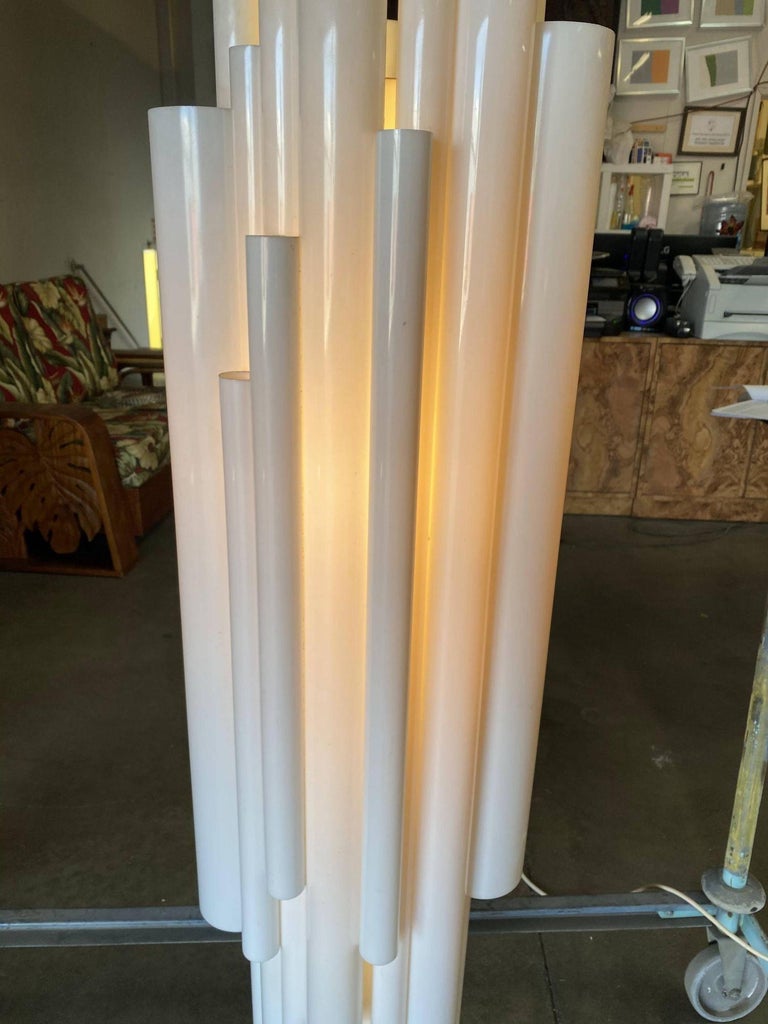Modernist White Lucite Stacked Tube Chandelier by Rougier, Circa 1970s