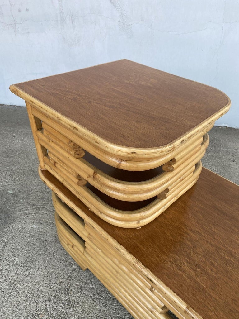 Restored Two-Tier Stacked Rattan Side Table with Mahogany Tops, Pair