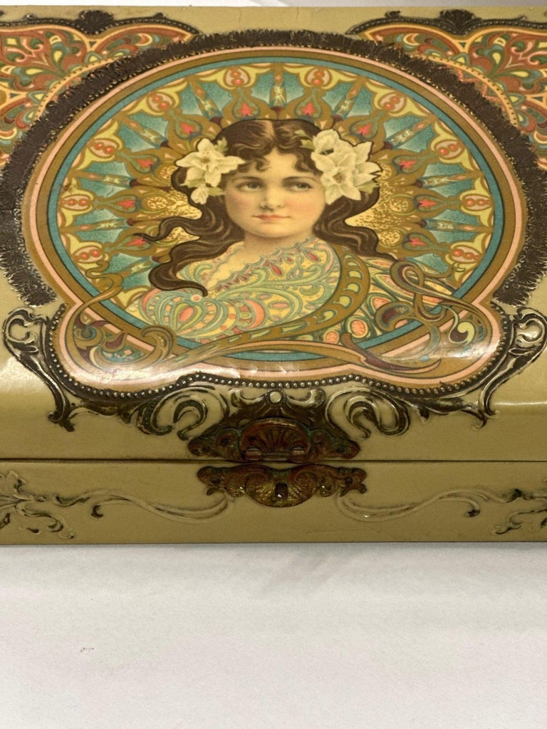 Art Nouveau Satin Lined Jewelry Box with/ Portrait on Cover