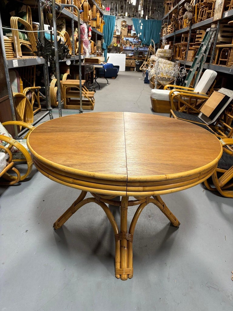 Restored Round Rattan & Mahogany Dining Table W/ Leaf