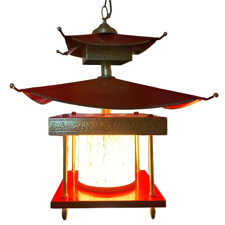 Mid-Century Pagoda Enameled Red Metal & Gold-Tone Tole Chinoiserie Chandelier