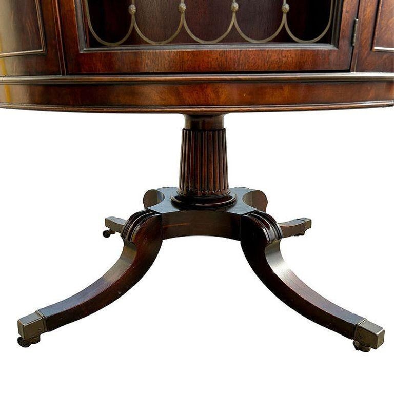Mahogany & Brass Round Drum Coffee Table w/ Inlaid Leather by Weiman (SIGNED?)