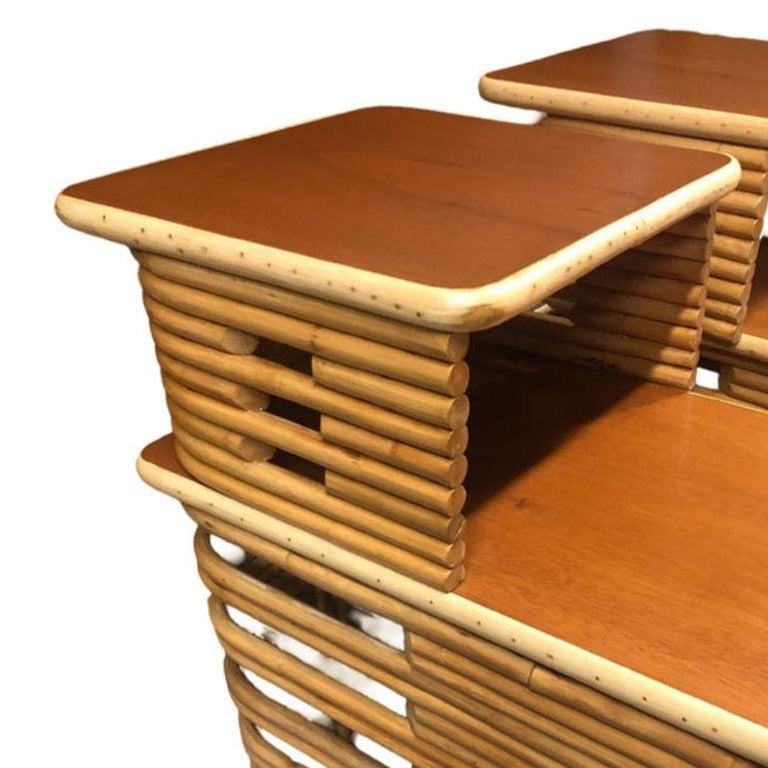 Restored Stacked Rattan & Mahogany Side/Corner Table 3 Piece Set