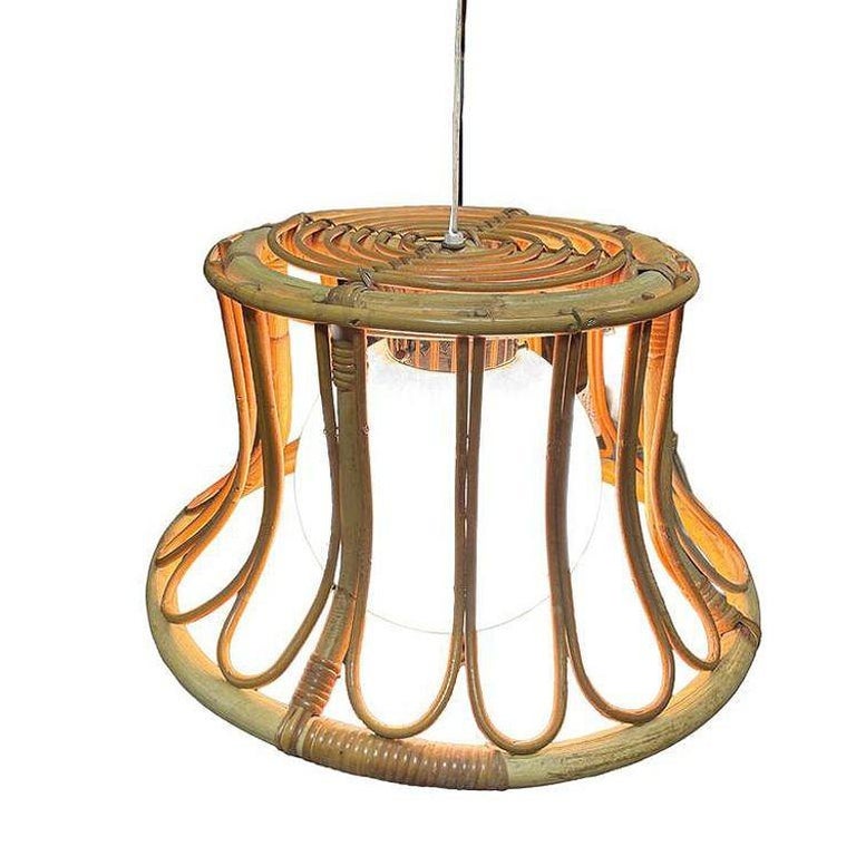 Albini Style Tulip-Shaped Reed Rattan Cieling Pendant Light w/ Glass Globe