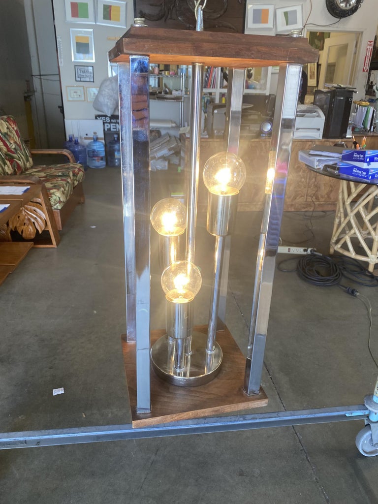 1970s Post Modern Teak and Chrome Pendant Light Fixture, Pair