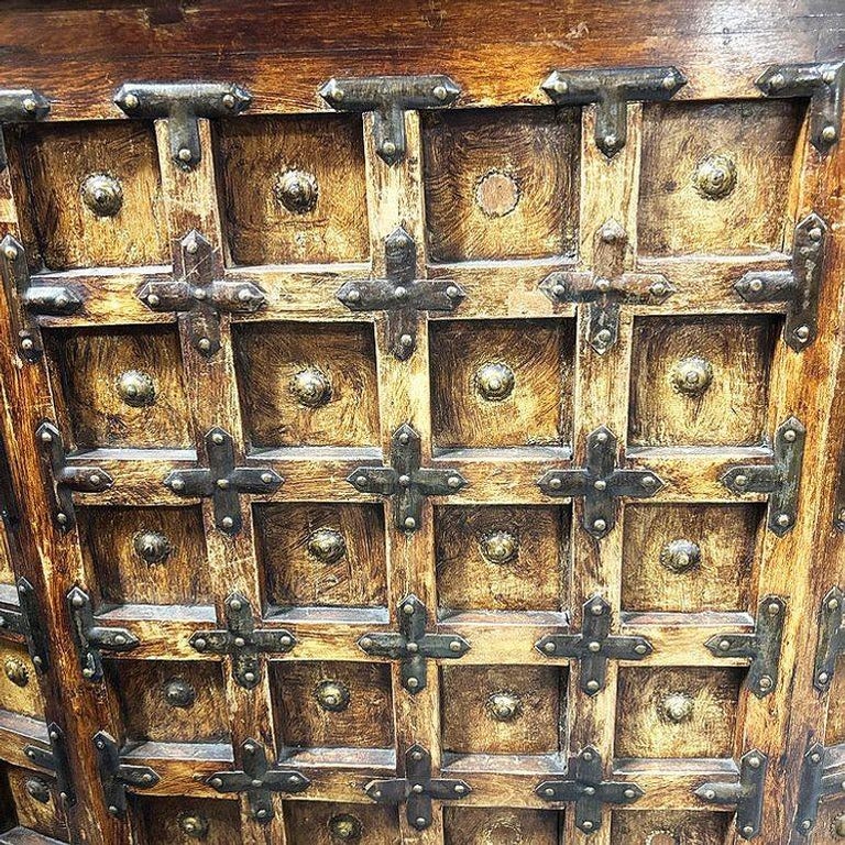Spanish Colonial Style Antique Wood Bar w/ Iron Strapwork & Carved Columns
