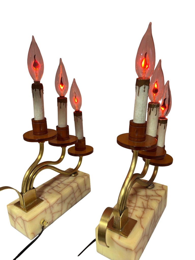 Hollywood Regency Three Candle Bakelite & Brass Table Lamp, Pair