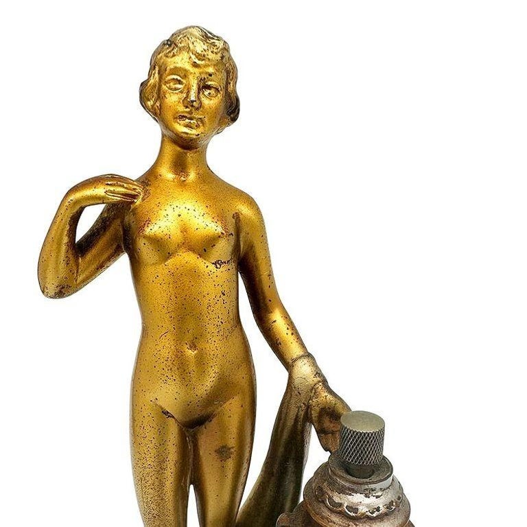 Art Deco Spelter Metal Nude Flapper Goddess Desktop Torch Tip Table Lighter