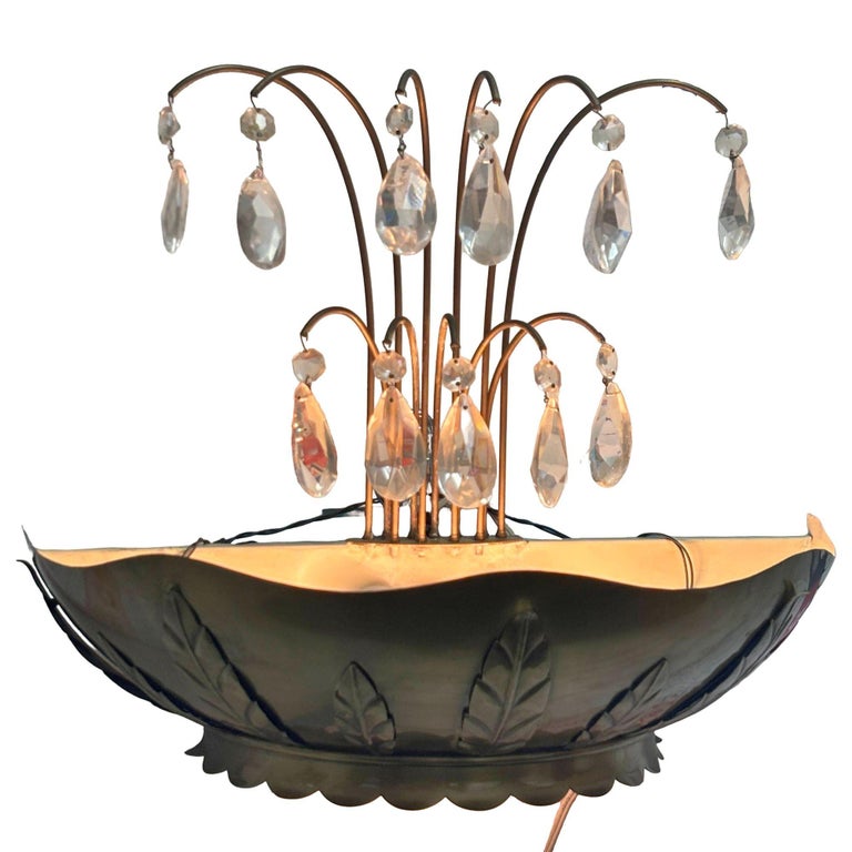 Art Deco Brass Hollywood Regency Palm Leaf Wall Sconce W/ Crystal Arms