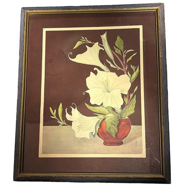 Ikebana Arranged White Petunia Foral Scenic Lithograph by Lithoin, Framed