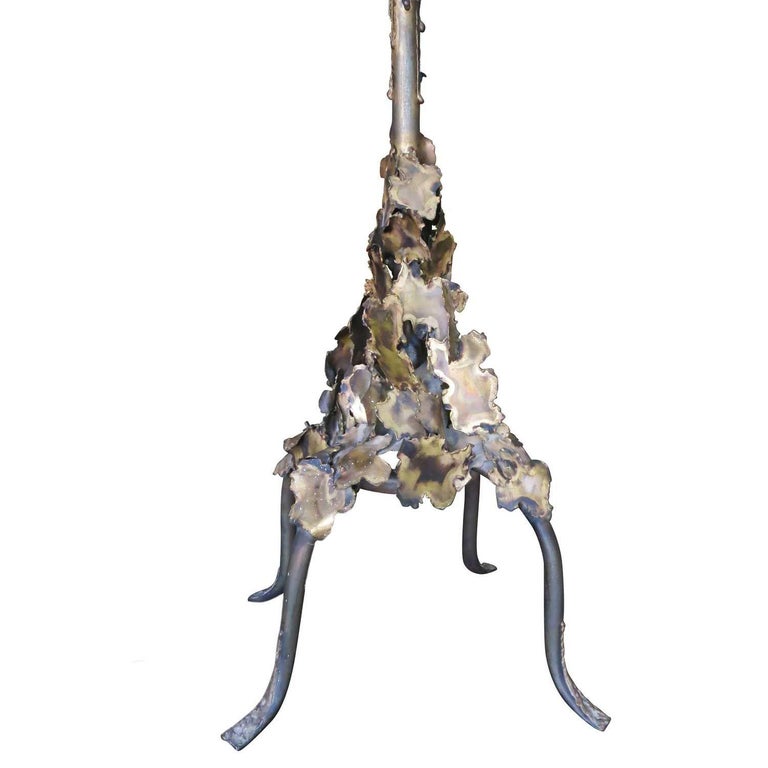 Tom Greene Style Brutalist Torch-Cut Brass Torchiere Floor Lamp