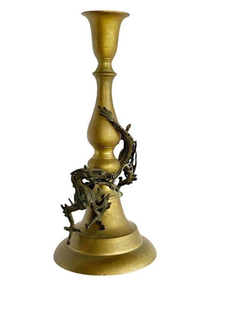Hand Casted Brass Candlestick Holder w/ Chinese Dragon, Circa 1920