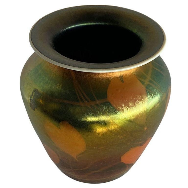 Rare Early 20th Iridescent Handblown Heart & Vine Vase Set by Imperial