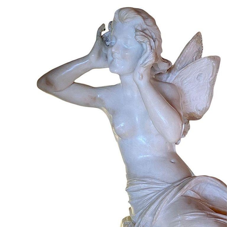 Late Victorian French Hand Carved Nude Psyche Goddess Marble Statue, signed