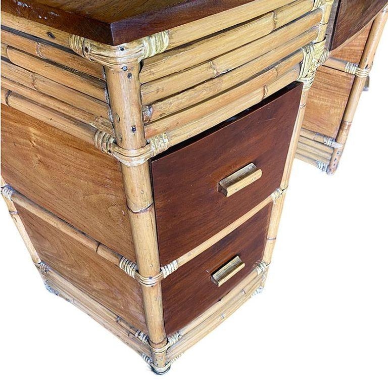 Rare Restored Bespoke Modernist Stacked Rattan & Mahogany Secretary Desk
