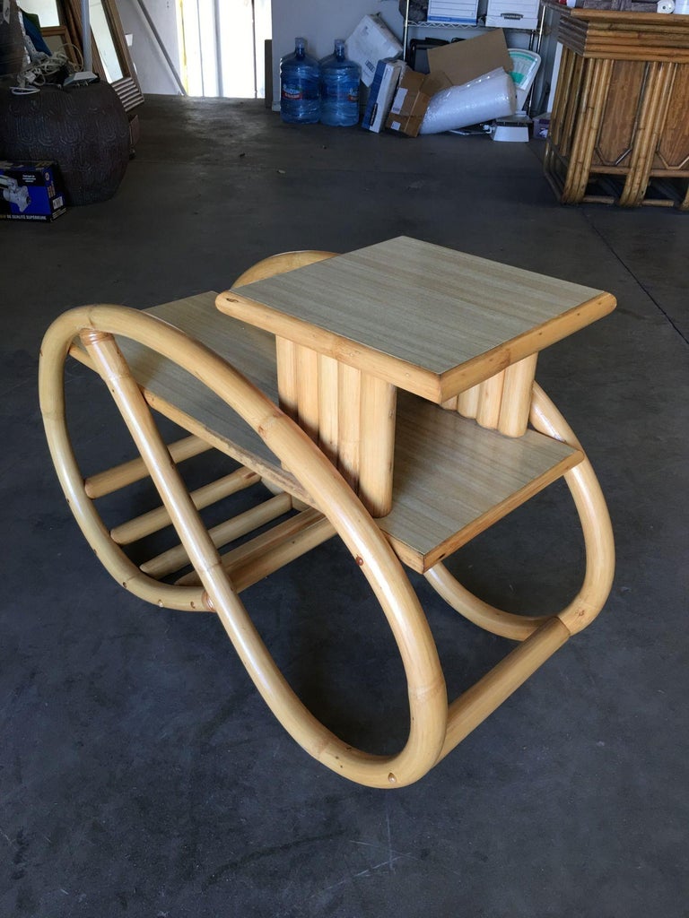 Restored 3/4 Round Pretzel Rattan Side Table with Two-Tier Formica Tops