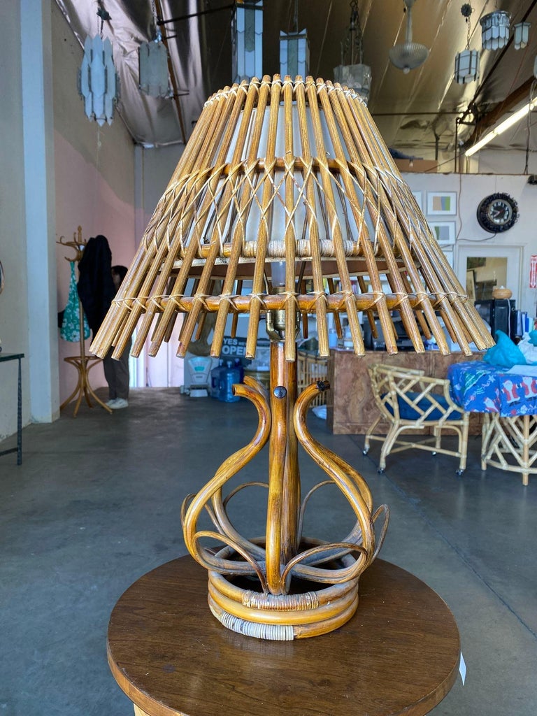 Restored Modernist Stacked Stick Reed Rattan Table Lamp w/ Rattan Shade