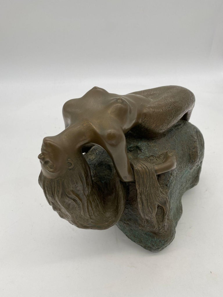 Bronze Mermaid Siren Statue on Beach Rock by James Siebert