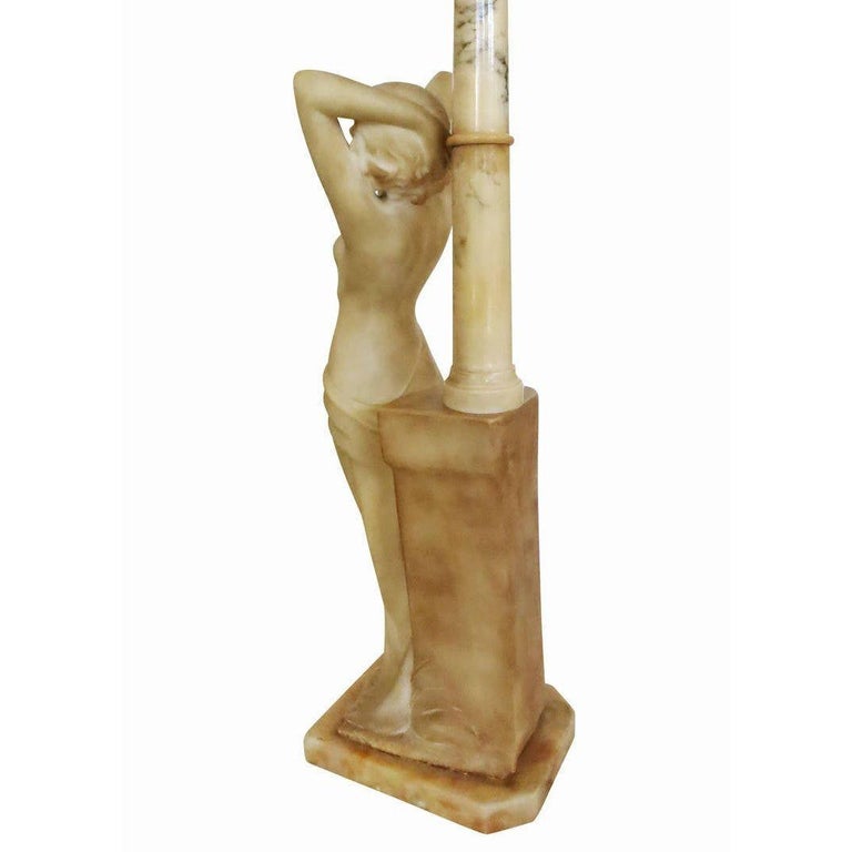 Edwardian Era Italian Carved Alabaster Nude Greco-Roman Female Figural Lamp