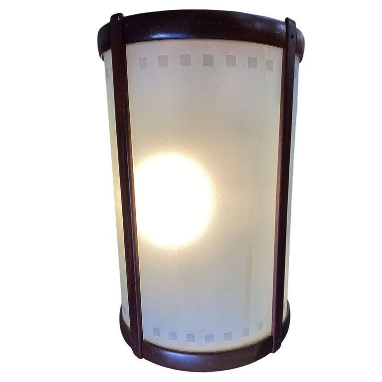 Mid-century Nakashima Style Teak Cylinder Pendant w/ Frosted Shade, 3 Available