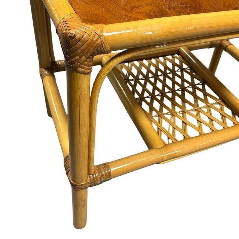 Restored Mid-century 2 Tier Rattan & Wicker Coffee Cocktail Table w Mahogany Top