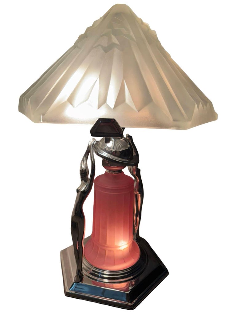 Frankart Era Art Deco Style Chrome Figural Lamp w/ Vivian Glass Shade