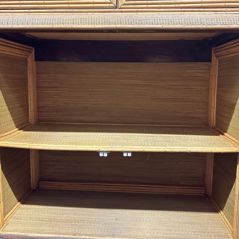 Restored Art Deco Stick Rattan & Grass Mat China Cabinet/Etagere