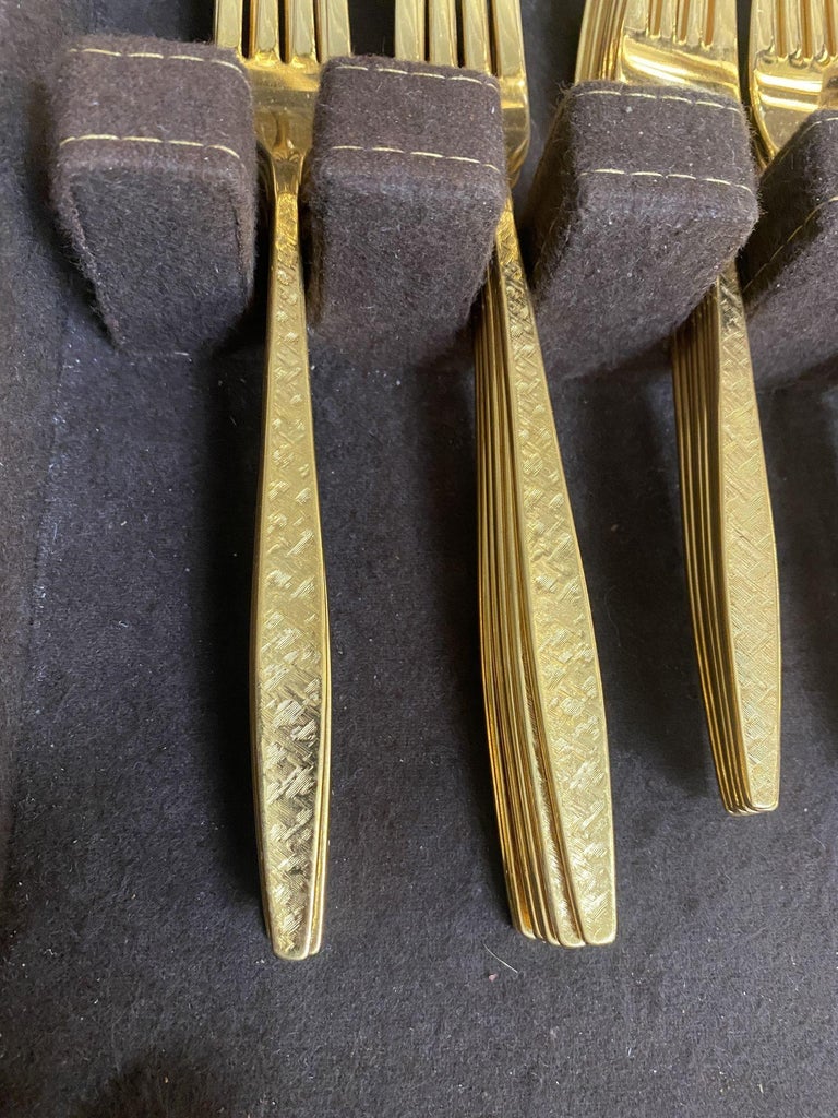 Modernist Pattern Gold Plated Stainless Flatware Set of 92 by 1847 Rogers Bros