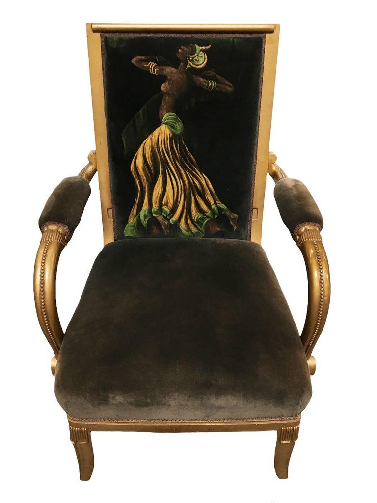 Vintage Velvet Upholstered Gorgeous Armchair with a Painted Dancer on the Back