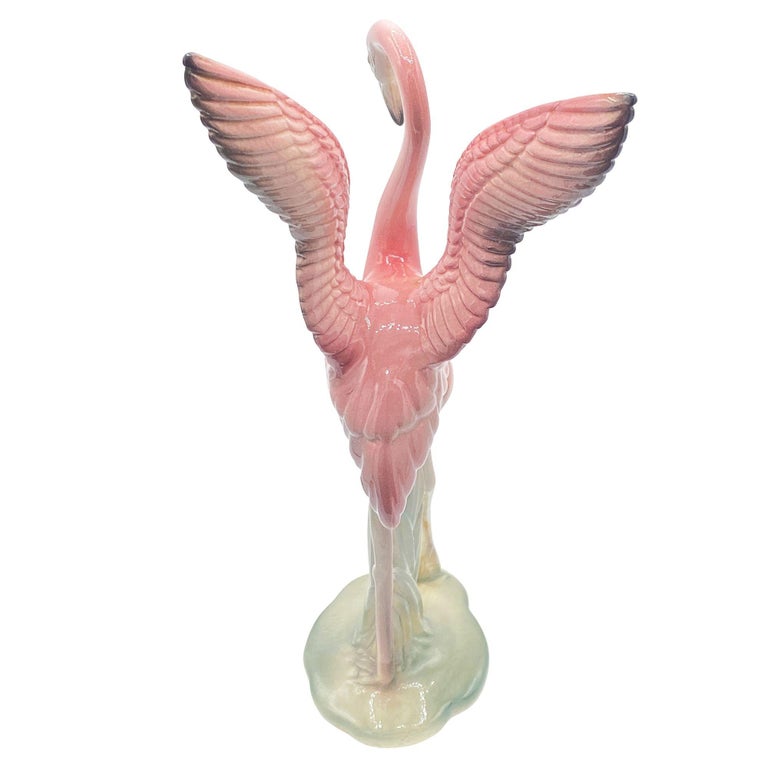 Mid-century Pink & Green Flamingo Ceramic Tabletop Sculpture Pair By Brad Keeler