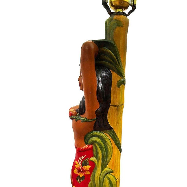 MCM Hand Painted Hawaiian Hula Resin Table Lamp by Santana w/ Wipplestitch Shade