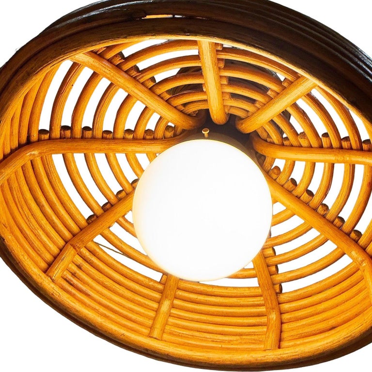 Restored Mid-century Hanging Rattan Ceiling Lamp Chandelier w/ Center Globe