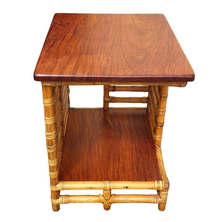 Restored Rattan "Jacob's Ladder" Storage Side Table with Mahogany Top