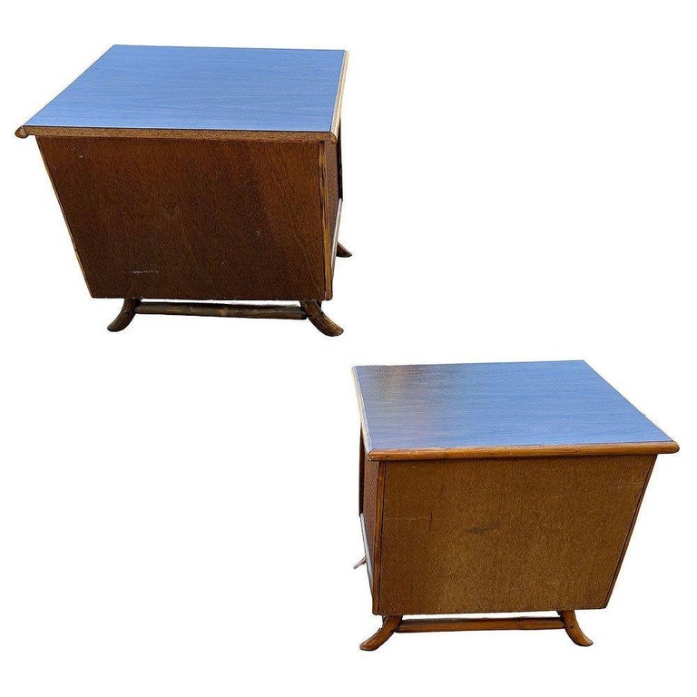 Restored James Mont Styles Rattan & Woven Wicker Bedside Table, Pair