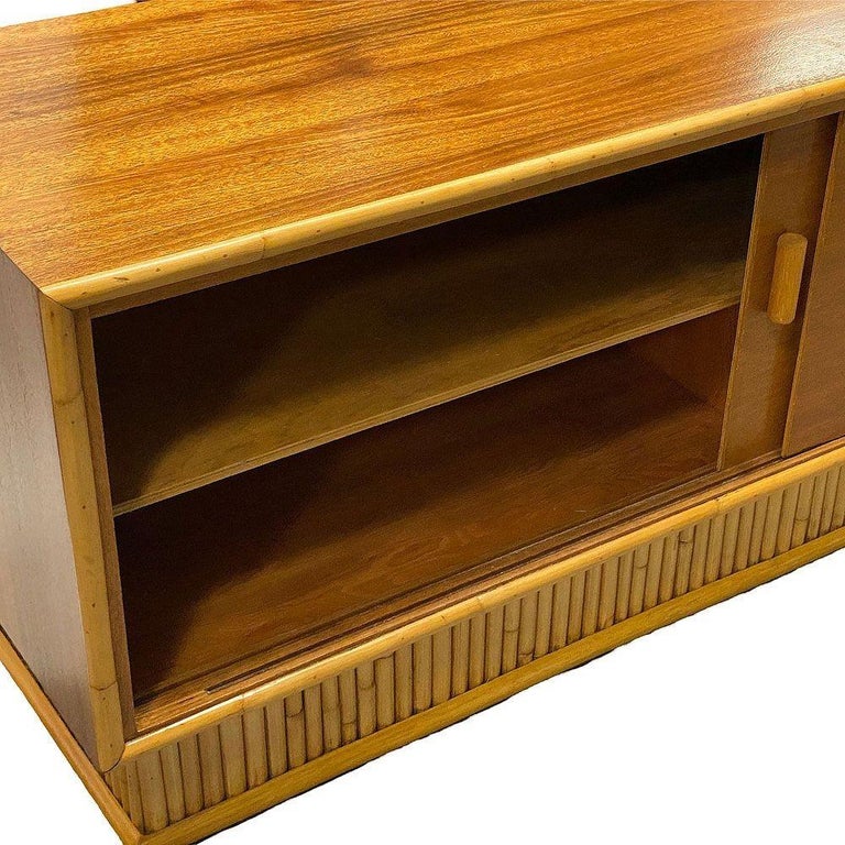 Restored Frankl Style Rattan & Mahogany Credenza TV Stand W/ Stacked Rattan Base