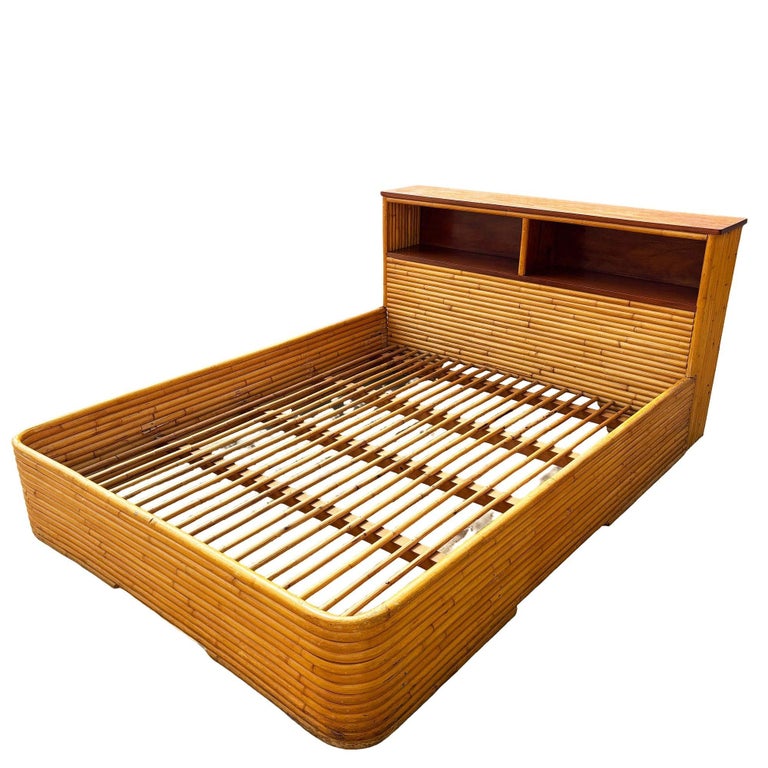 Restored Mid-century Queen Size 13-strand Stacked Rattan Bed Frame w/ Book Shelf