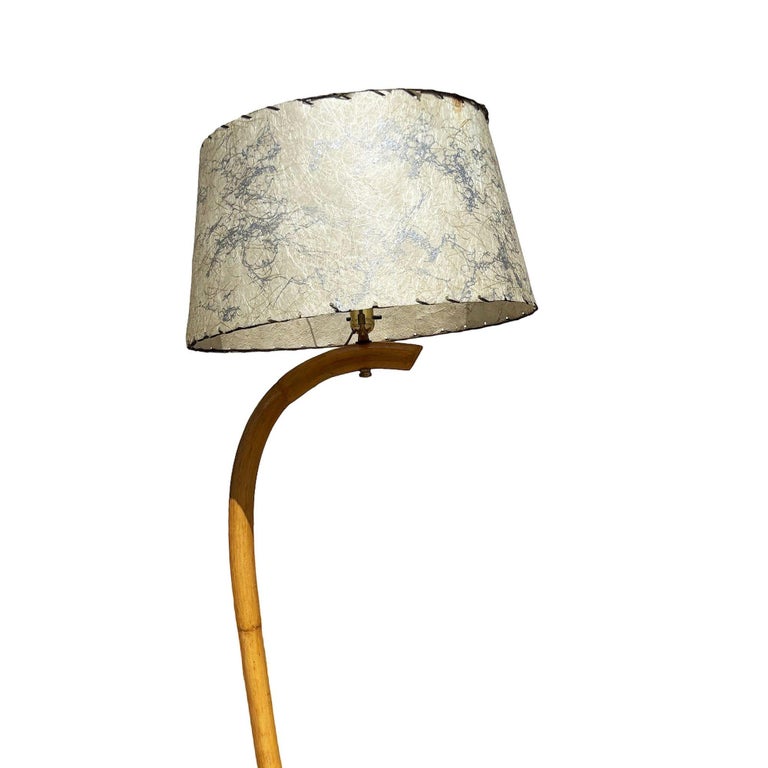 Rare Restored Two-tier Rattan Floor Lamp w/ Built-In Formica Top Side Table