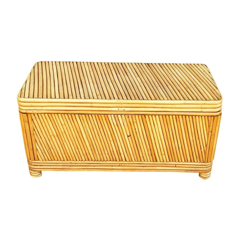 Restored Mid-century Split Reed Rattan & Pine Trunk w/ Brass Paktong Latch