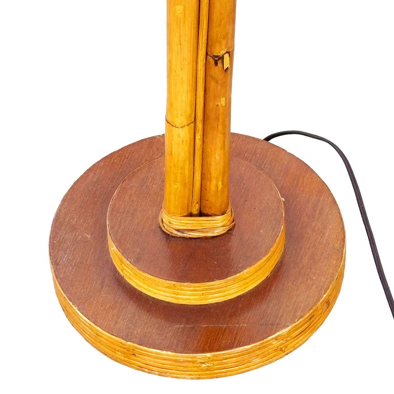 Restored Mid-century Three-Pole Rattan Floor Lamp w/ Mahogany Base
