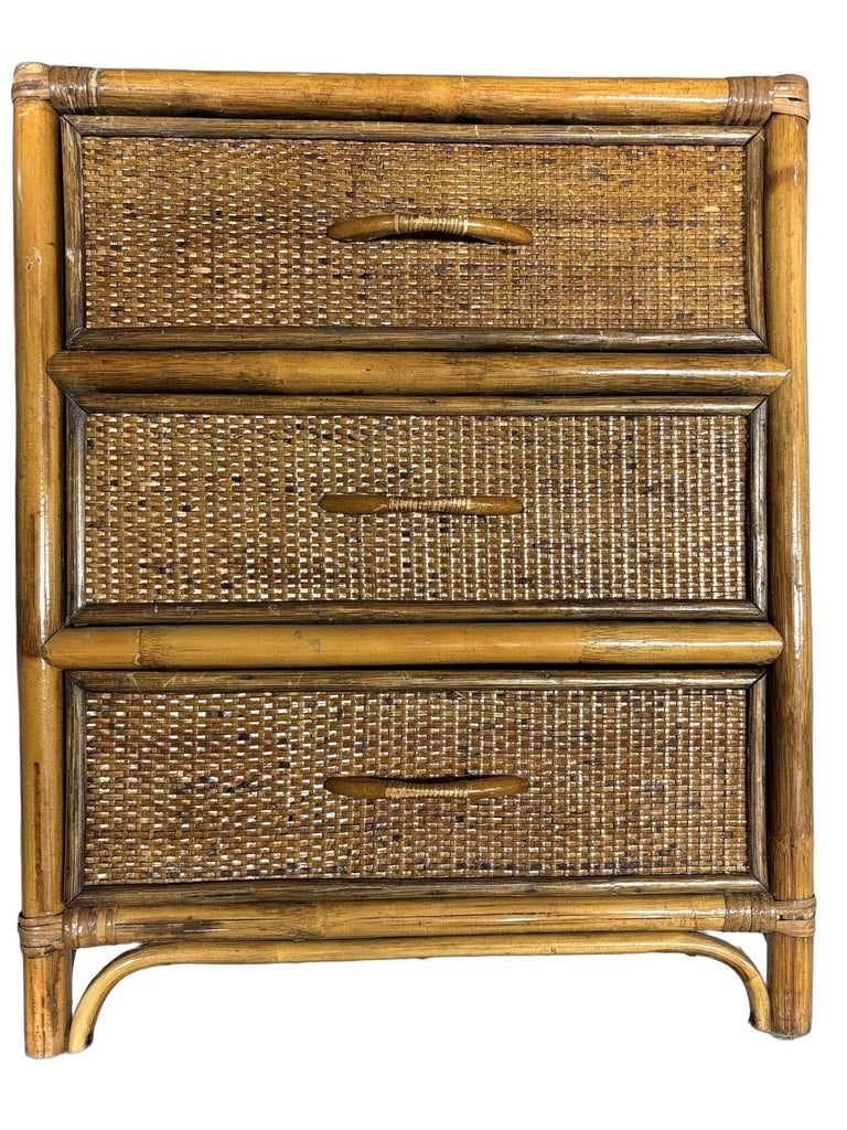 19th Century Aesthetic Movement Rattan & Woven Wicker Three Drawer Nightstand