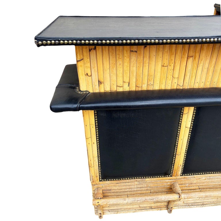 Restored Stacked Front Stacked L Shaped Rattan Bar w/ Nailhead Naugahyde Top