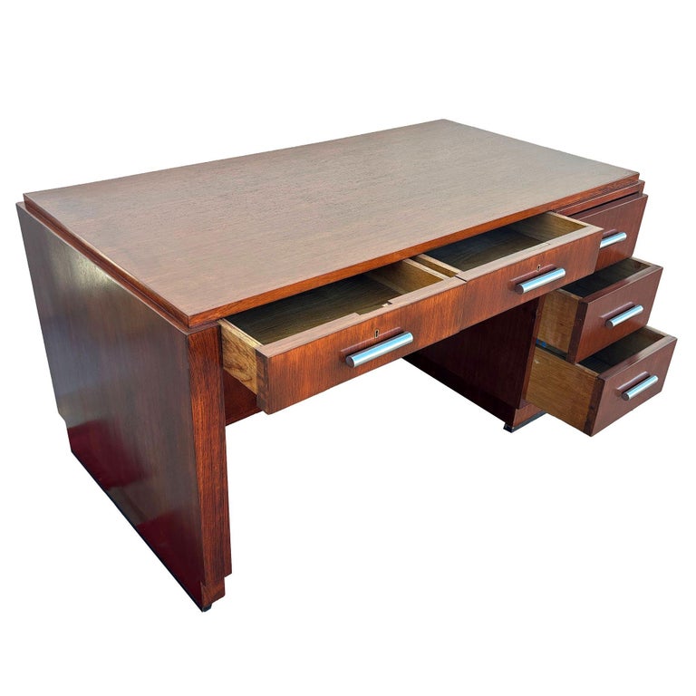 1930s Restored French Art Deco Mahogany and Chrome Executive Desk w/ Bookshelves