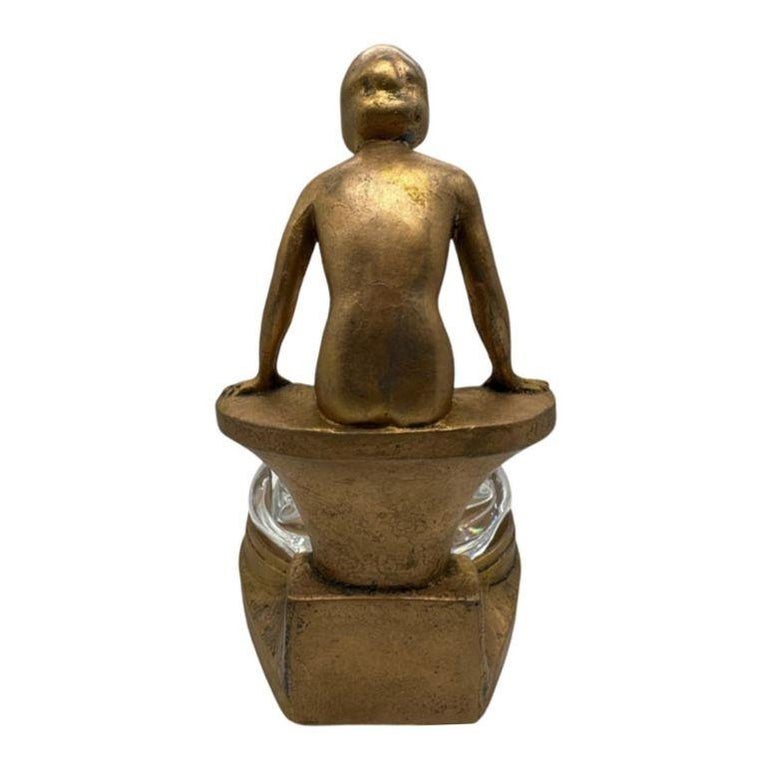 Art Deco Nude Woman Seated at Pool Bronze & Crystal Sculpter Ashtray by Nuart