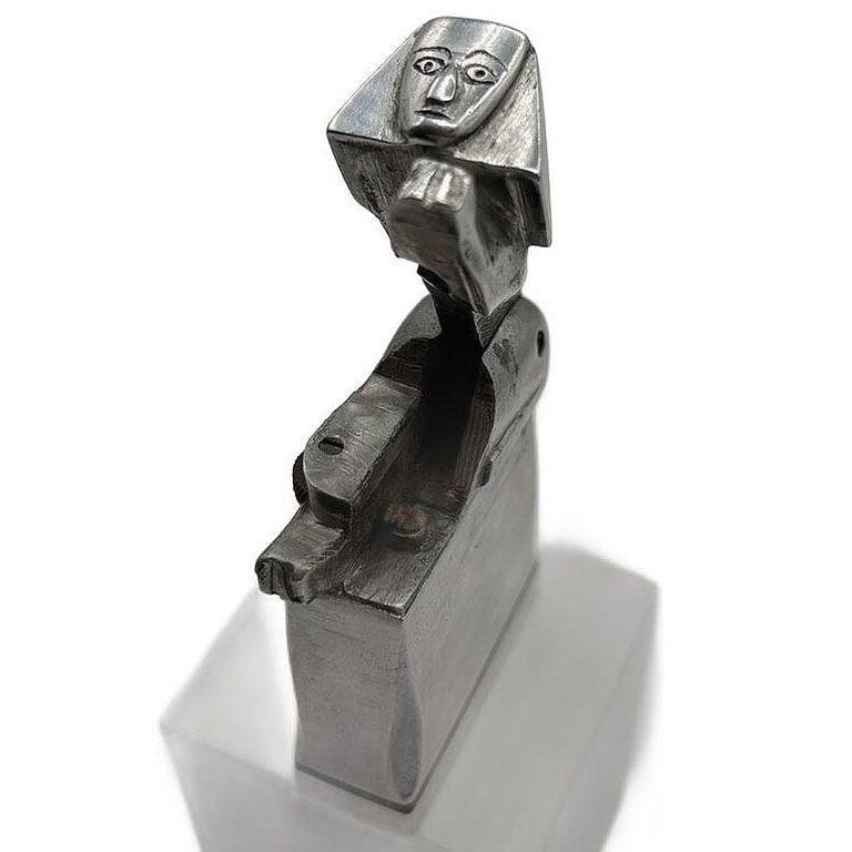 Hand Made Bespoke Silver Art Deco Sphinx Lift Arm Lighter w/ Geometric Inlay