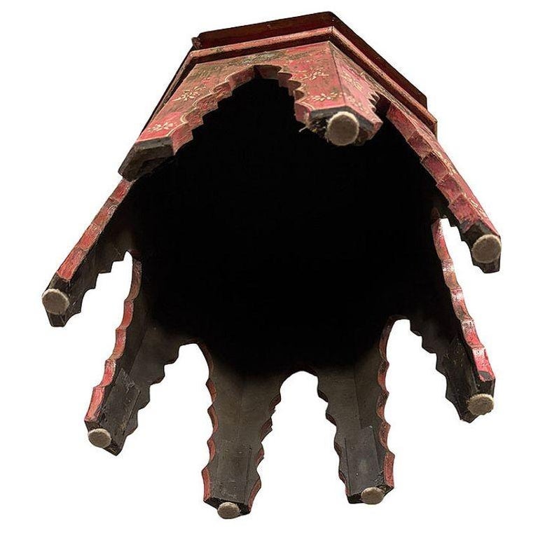 Hand Painted Moroccan Hexagon Wooden Boho Side Table w/ Brass Inlays